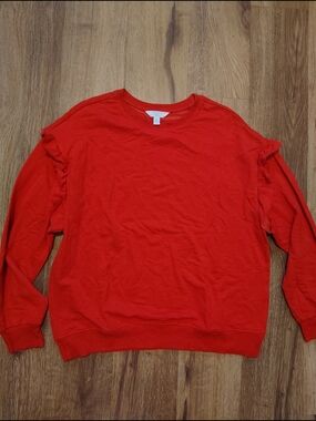 Time and Tru Red Crewneck Sweater with Ruffle Detail